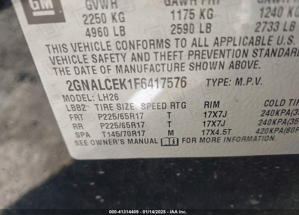 2015 CHEVROLET EQUINOX 2LT VIN: 2GNALCEK1F6417576