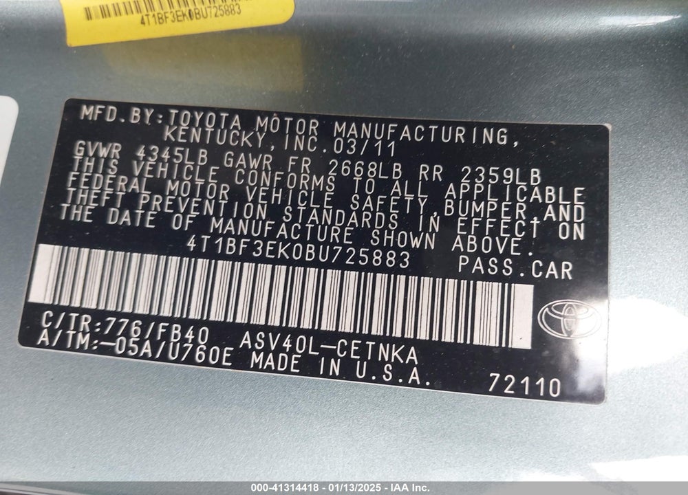 2011 TOYOTA CAMRY LE VIN: 4T1BF3EK0BU725883