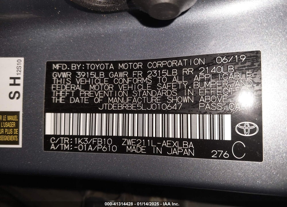 2020 TOYOTA COROLLA HYBRID LE VIN: JTDEBRBE5LJ010647