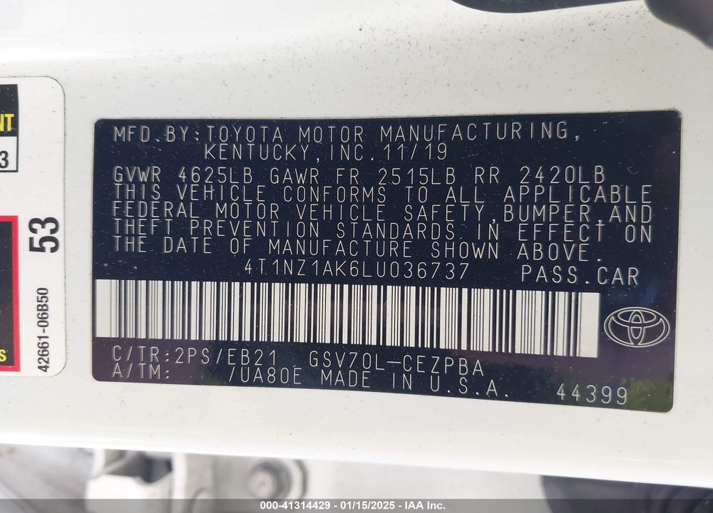 2020 TOYOTA CAMRY VIN: 4T1NZ1AK6LU036737