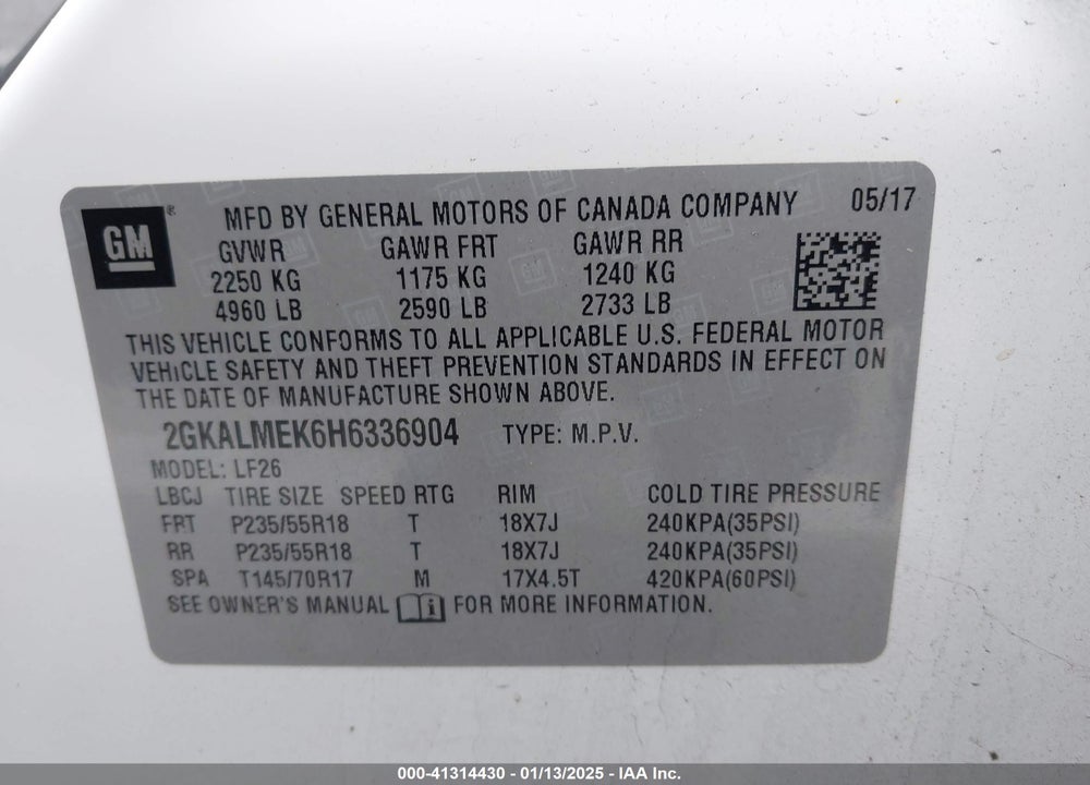 2017 GMC TERRAIN VIN: 2GKALMEK6H6336904