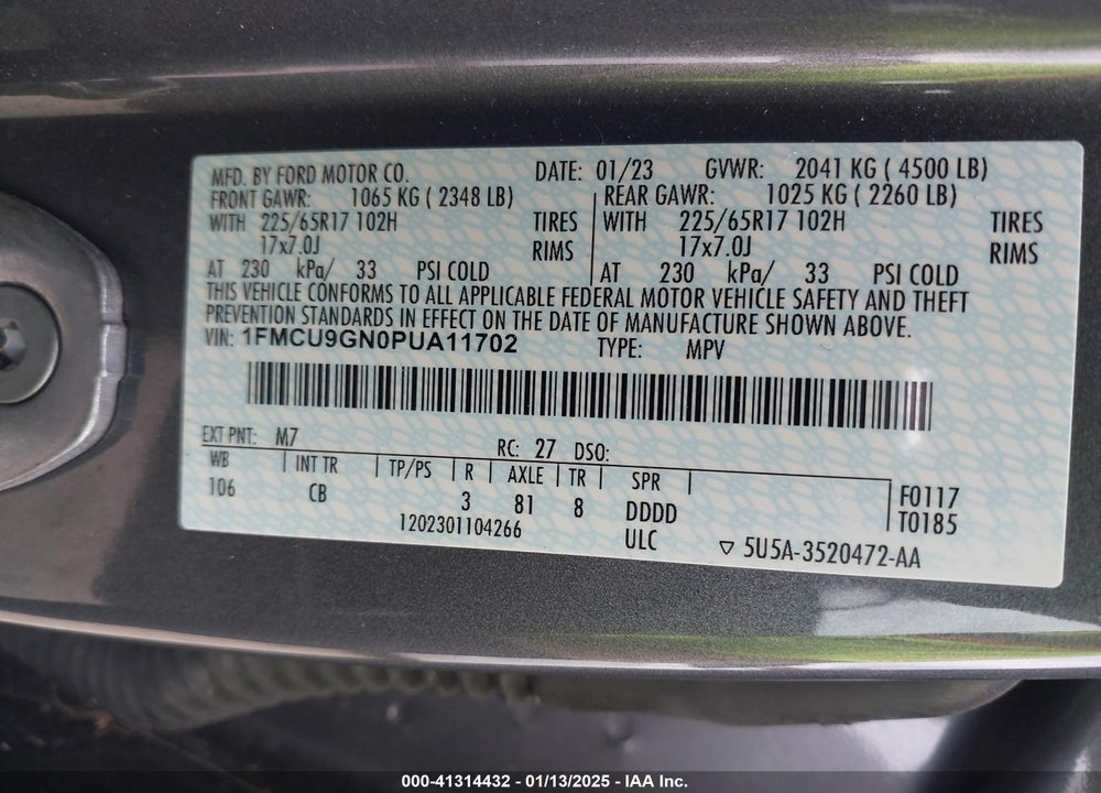 2023 FORD ESCAPE ACTIVE VIN: 1FMCU9GN0PUA11702