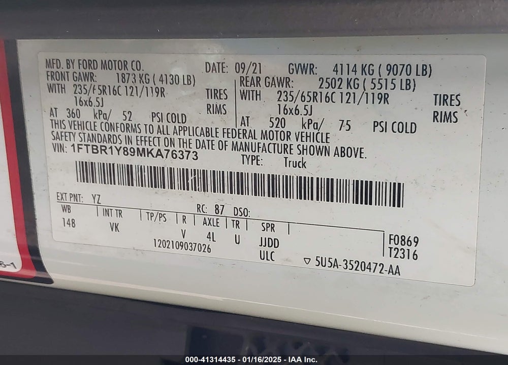 2021 FORD TRANSIT-250 VIN: 1FTBR1Y89MKA76373