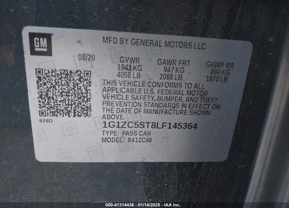 2020 CHEVROLET MALIBU FWD 1FL VIN: 1G1ZC5ST8LF145364