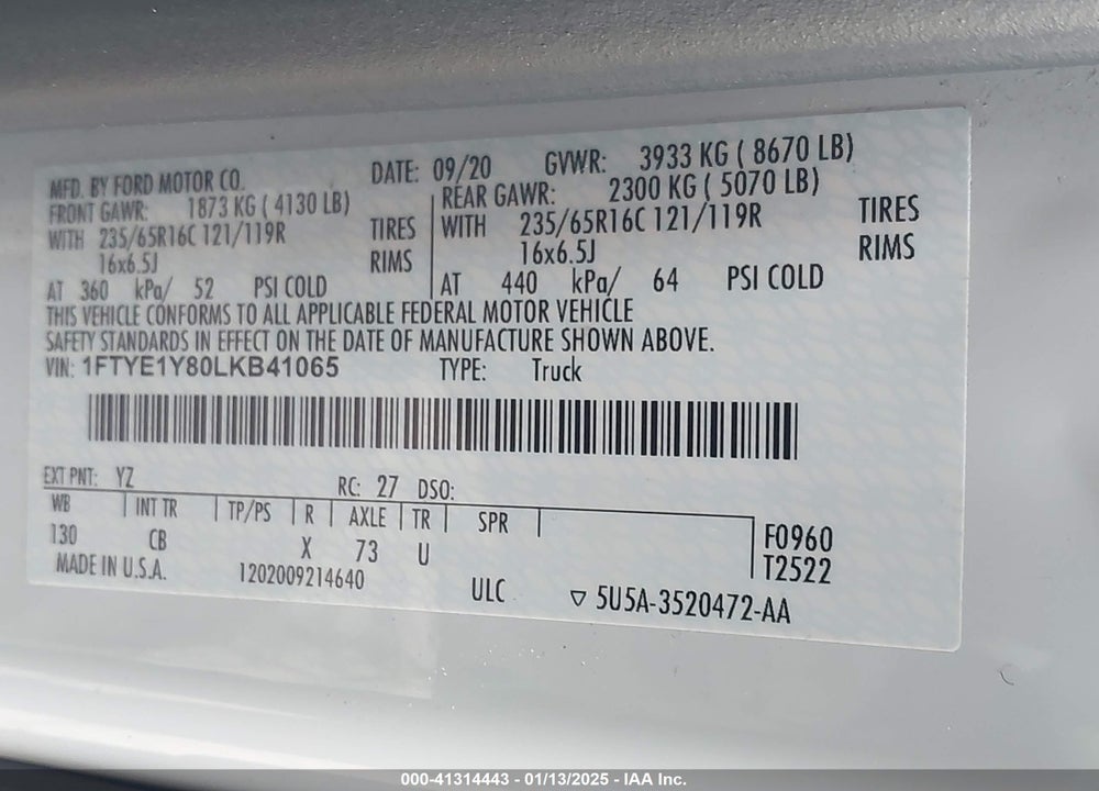 2020 FORD TRANSIT-150 VIN: 1FTYE1Y80LKB41065