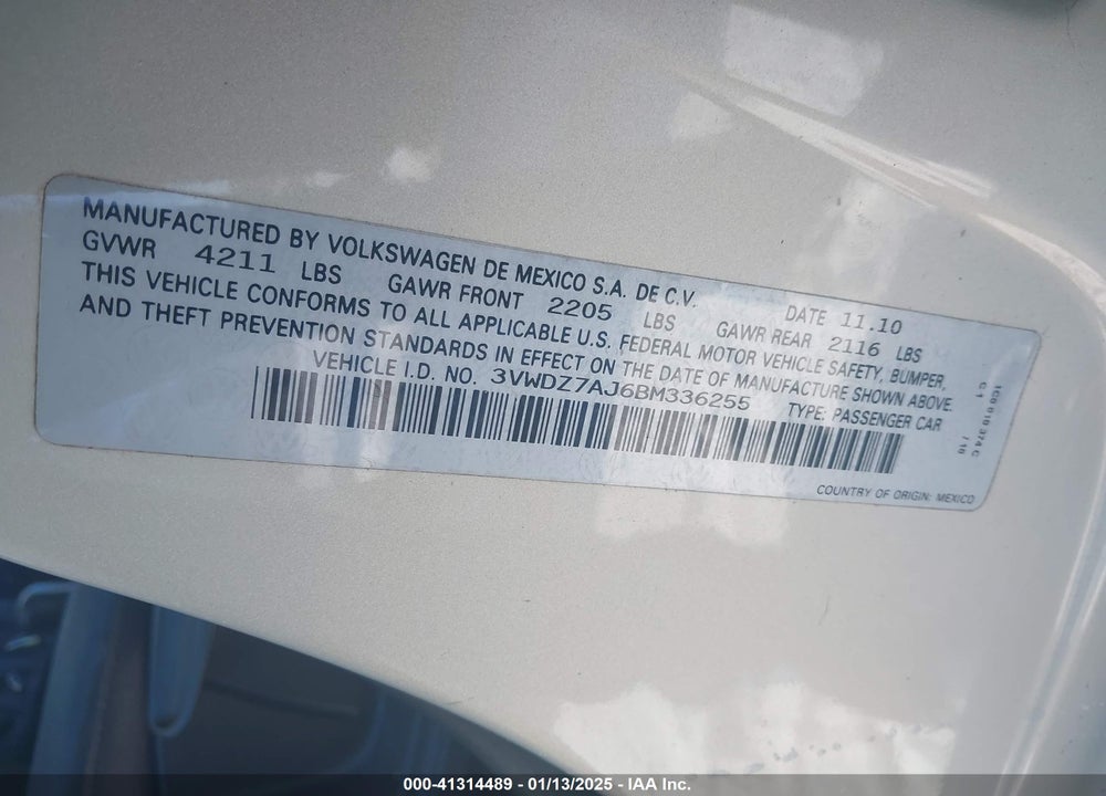 2011 VOLKSWAGEN JETTA 2.5L SE VIN: 3VWDZ7AJ6BM336255