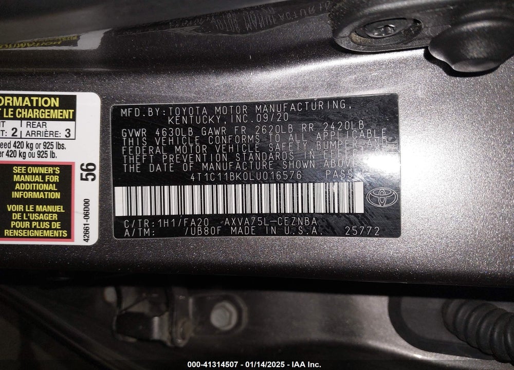 2020 TOYOTA CAMRY LE AWD VIN: 4T1C11BK0LU016576