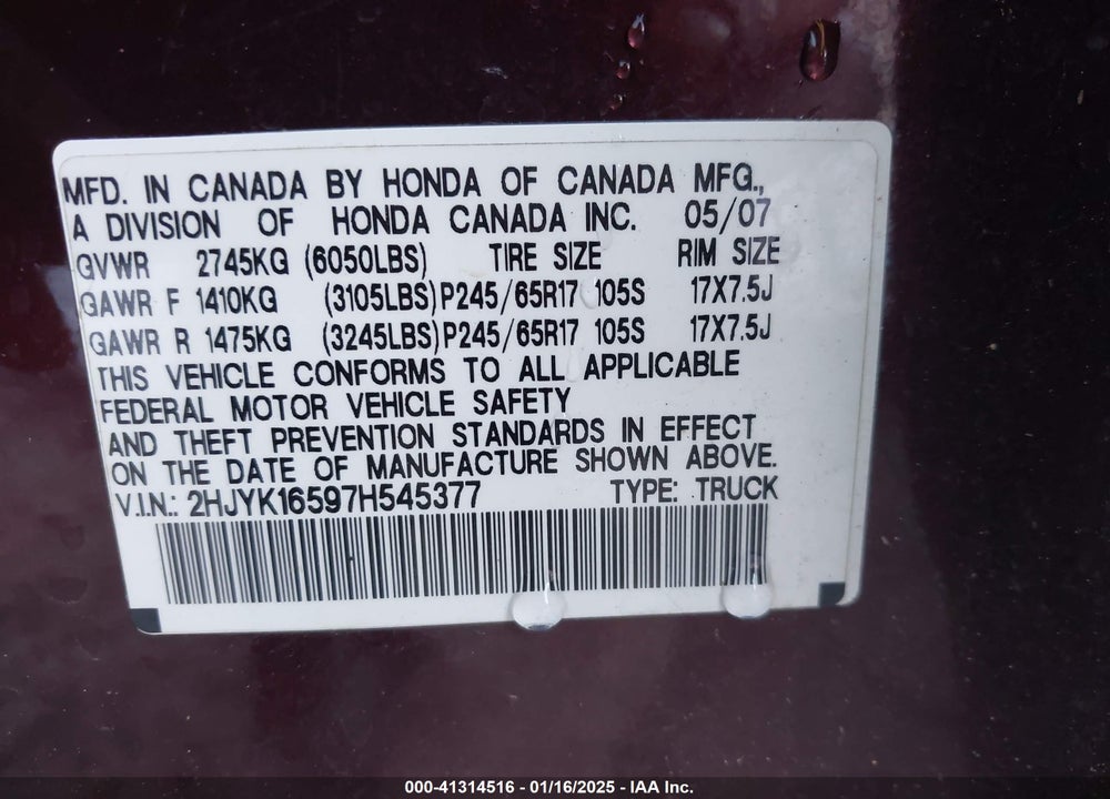 2007 HONDA RIDGELINE RTL VIN: 2HJYK16597H545377