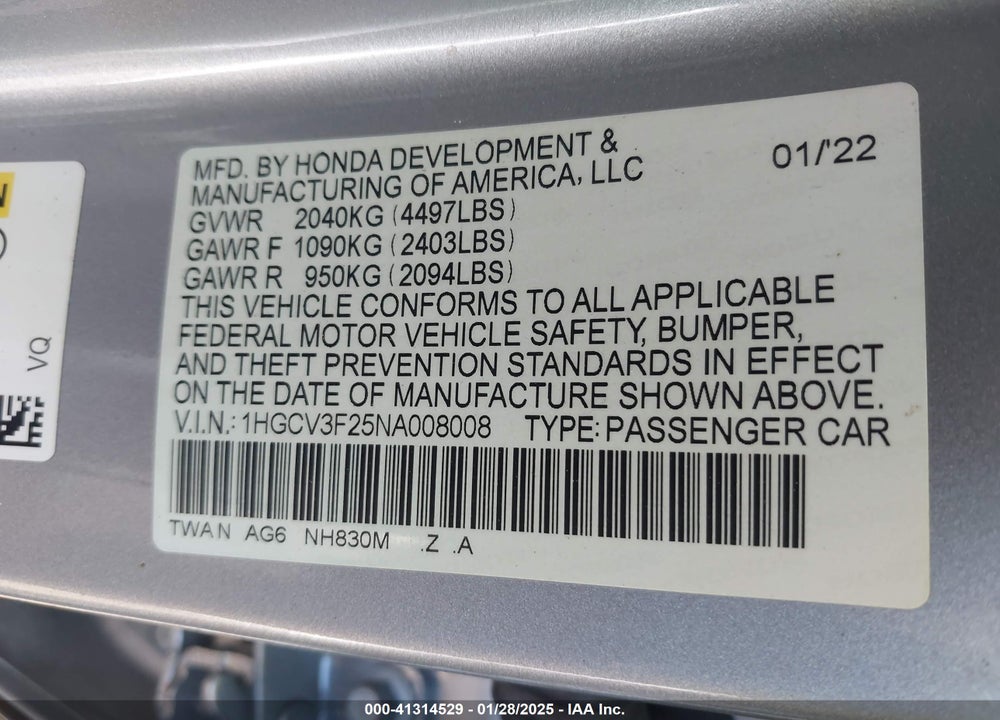 2022 HONDA ACCORD VIN: 1HGCV3F25NA008008