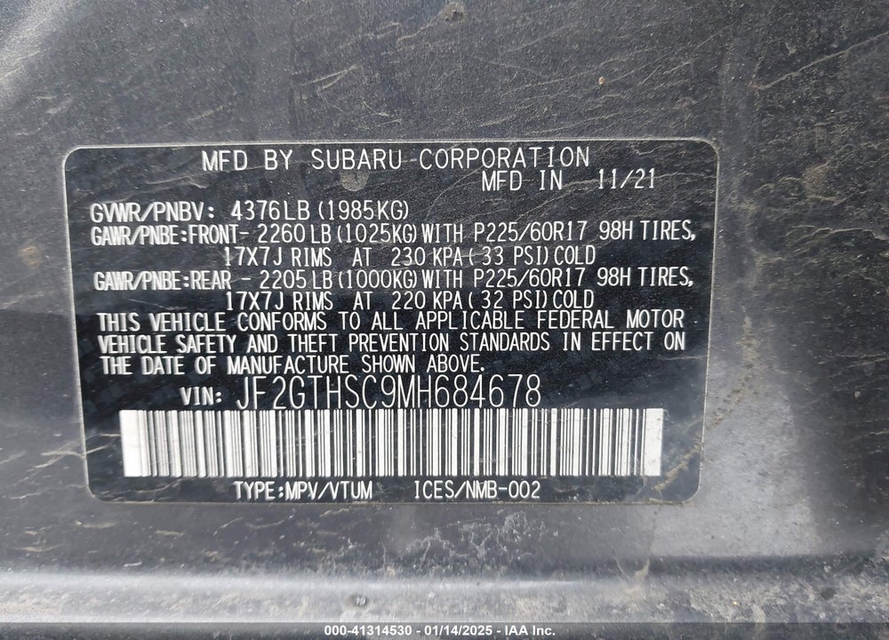 2021 SUBARU CROSSTREK SPORT VIN: JF2GTHSC9MH684678