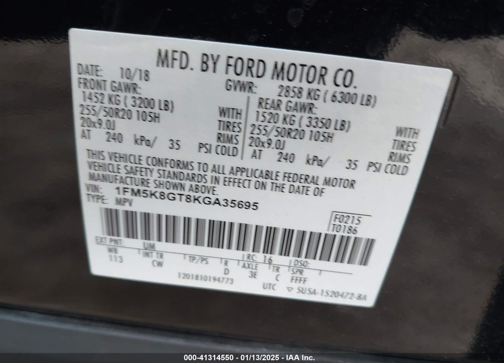 2019 FORD EXPLORER VIN: 1FM5K8GT8KGA35695