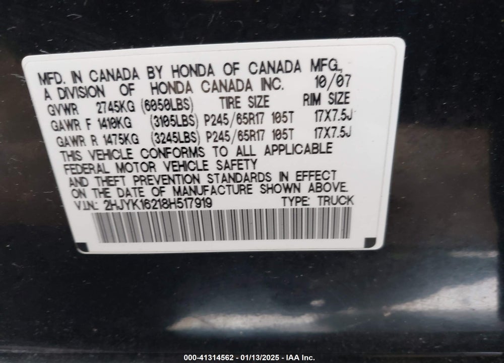 2008 HONDA RIDGELINE RT VIN: 2HJYK16218H517919