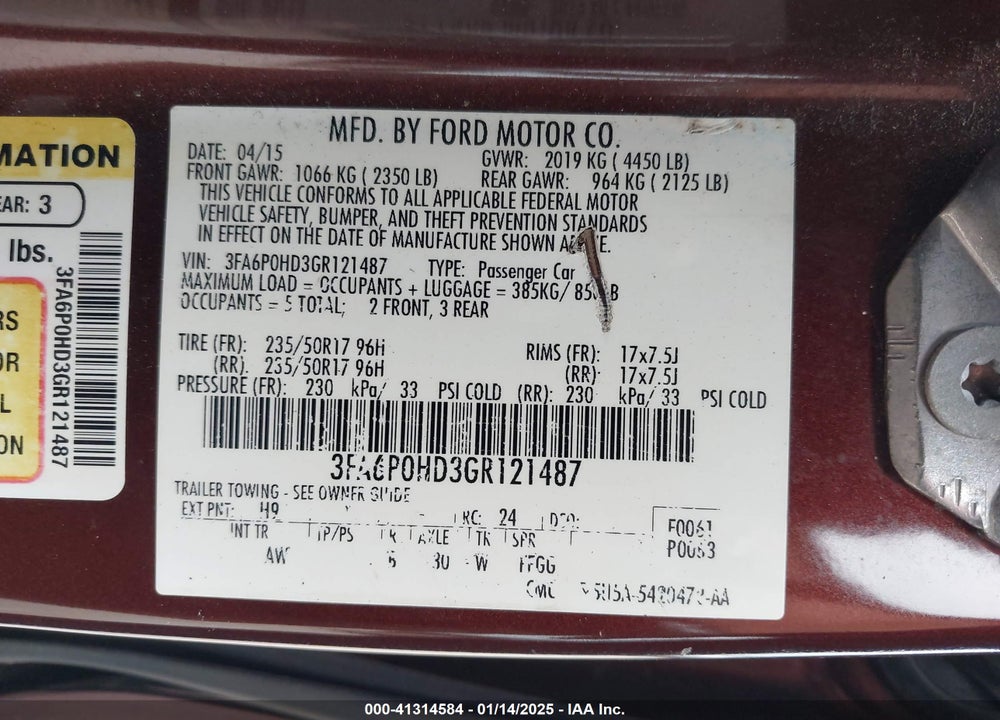 2016 FORD FUSION VIN: 3FA6P0HD3GR121487