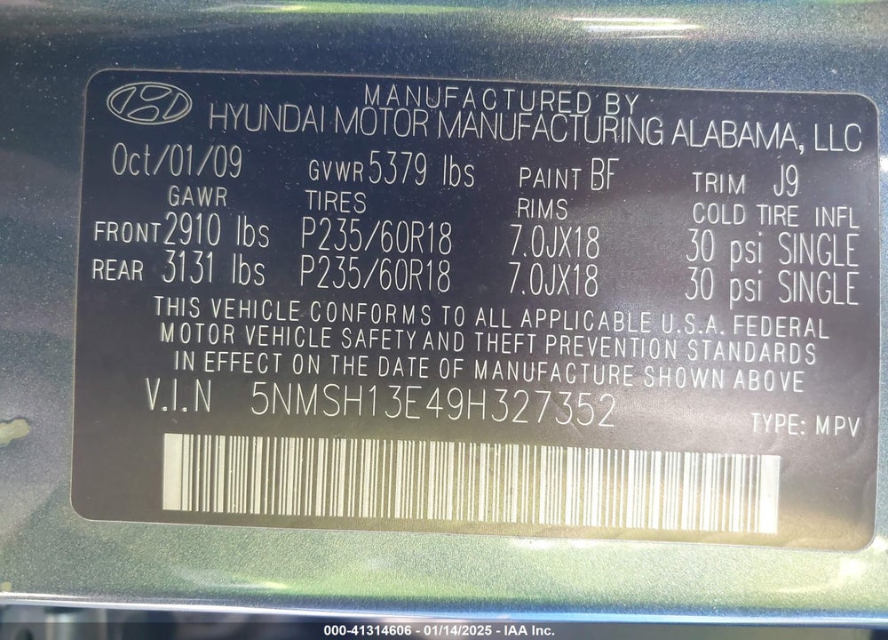 2009 HYUNDAI SANTA FE LIMITED VIN: 5NMSH13E49H327352