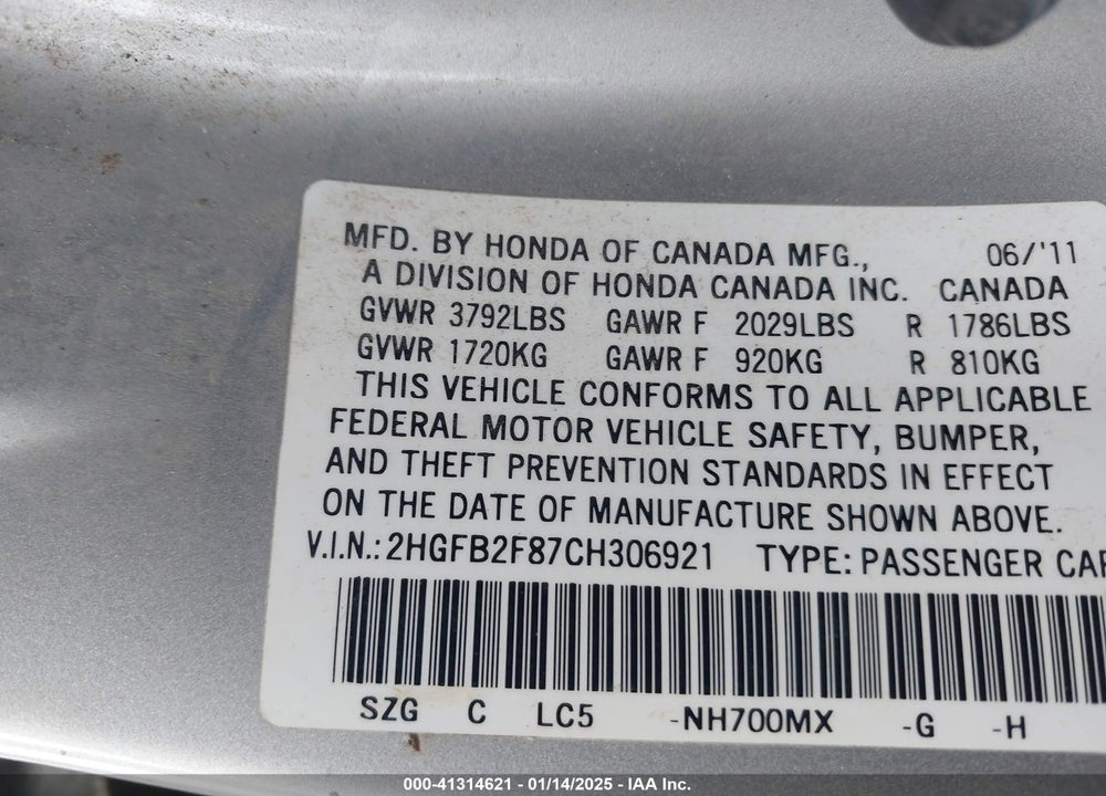 2012 HONDA CIVIC VIN: 2HGFB2F87CH306921