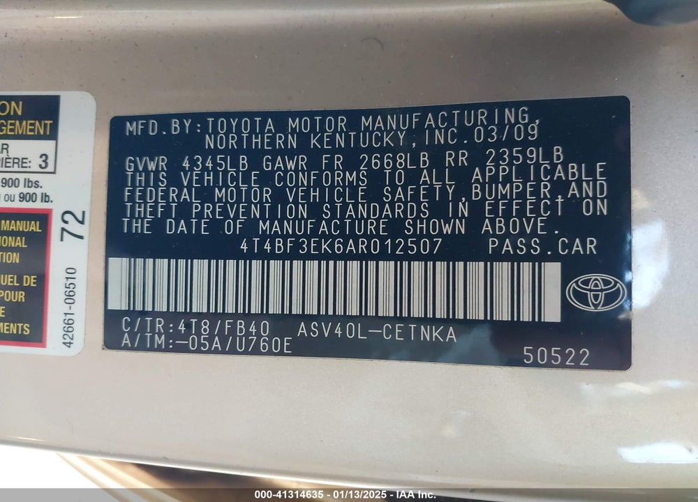 2010 TOYOTA CAMRY VIN: 4T4BF3EK6AR012507