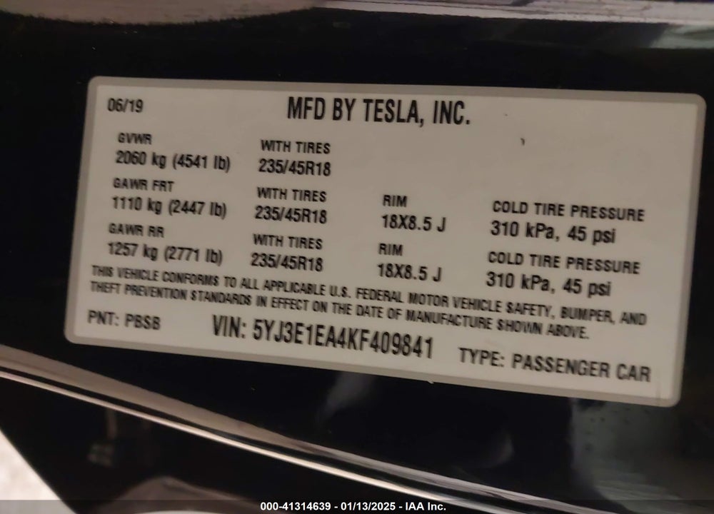 2019 TESLA MODEL 3 VIN: 5YJ3E1EA4KF409841