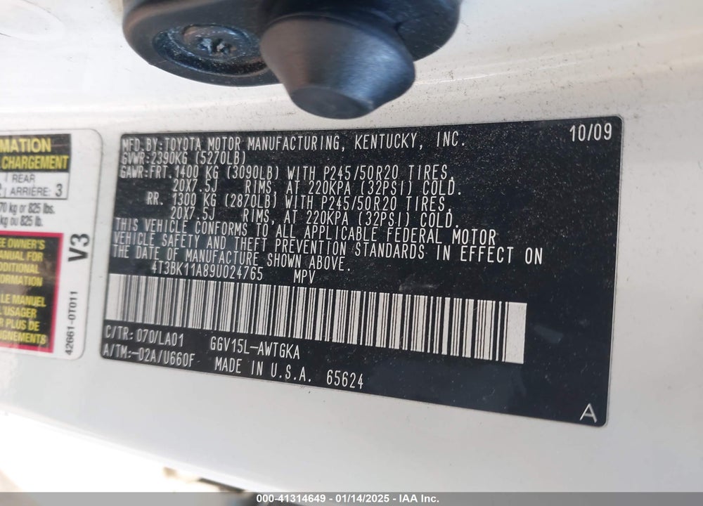 2009 TOYOTA VENZA VIN: 4T3BK11A89U024765