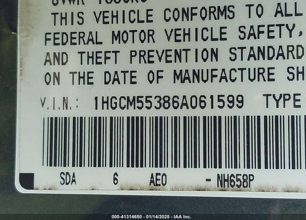 2006 HONDA ACCORD VIN: 1HGCM55386A061599