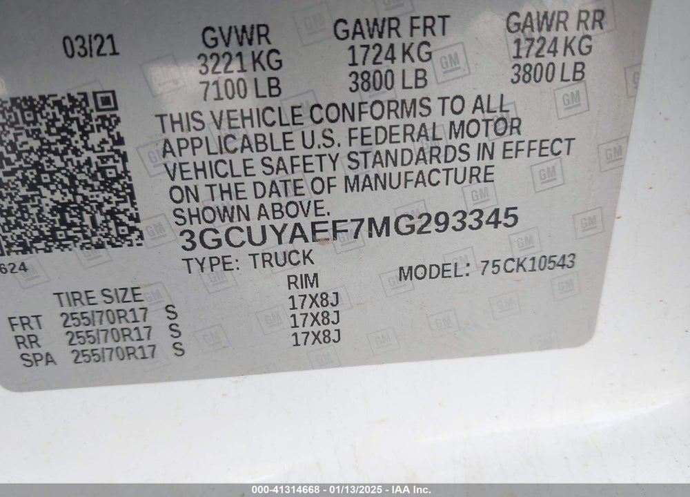 2021 CHEVROLET SILVERADO 1500 VIN: 3GCUYAEF7MG293345