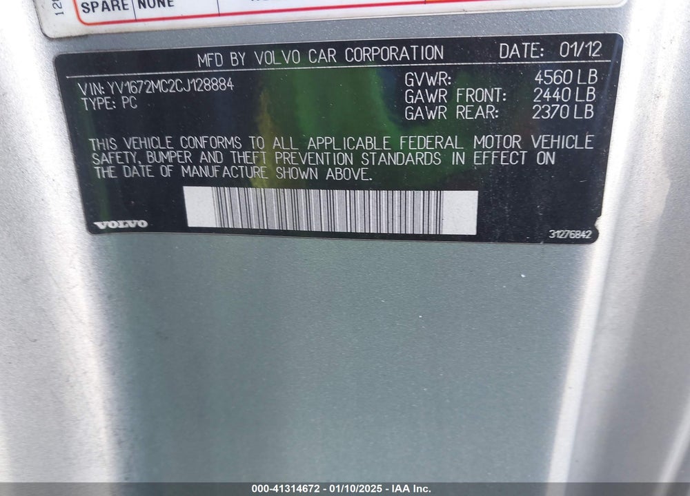 2012 VOLVO C70 VIN: YV1672MC2CJ128884