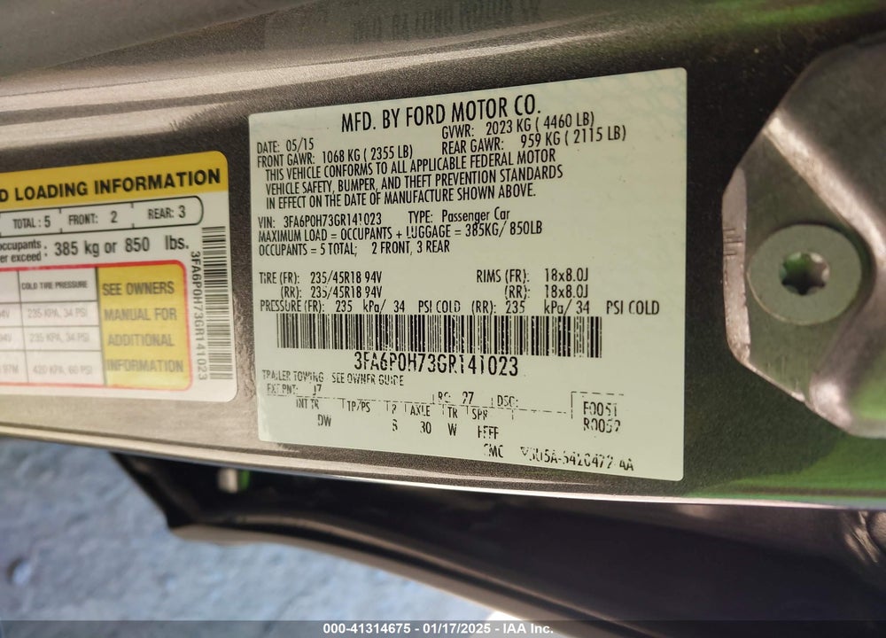 2016 FORD FUSION VIN: 3FA6P0H73GR141023
