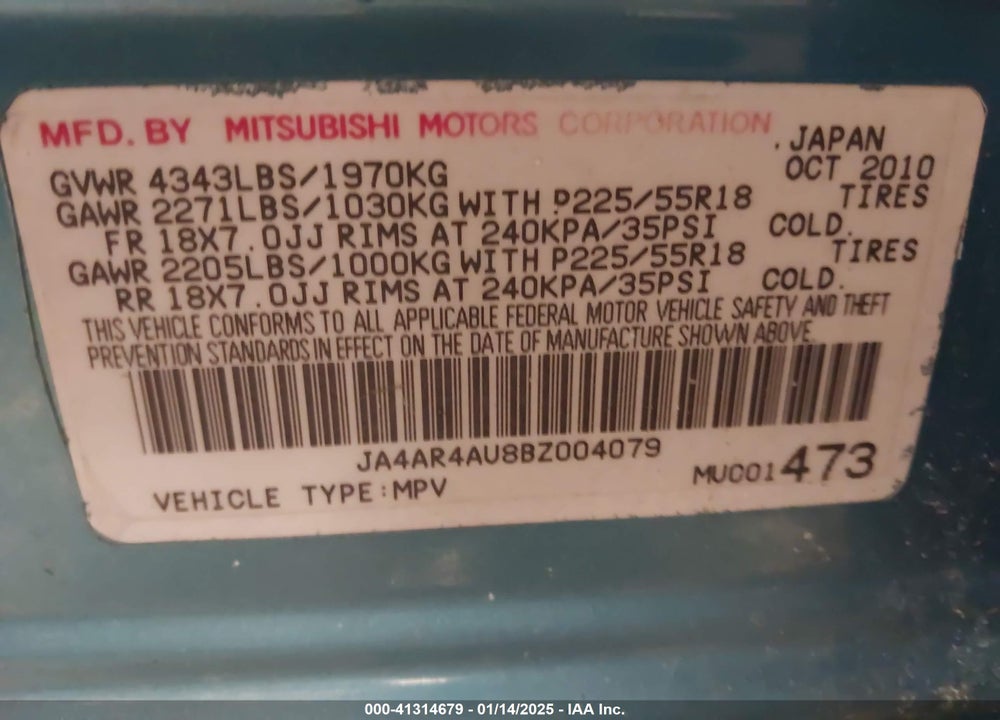 2011 MITSUBISHI OUTLANDER SPORT VIN: JA4AR4AU8BZ004079