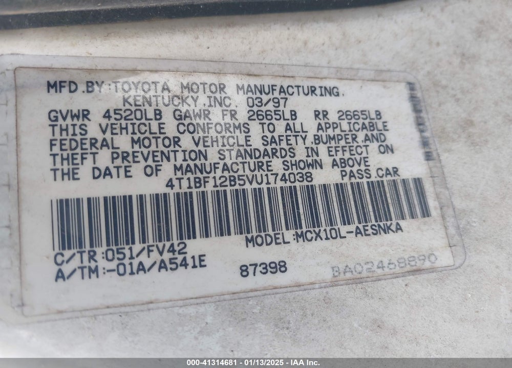 1997 TOYOTA AVALON XL VIN: 4T1BF12B5VU174038