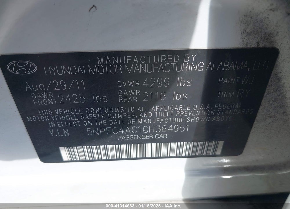 2012 HYUNDAI SONATA VIN: 5NPEC4AC1CH364951