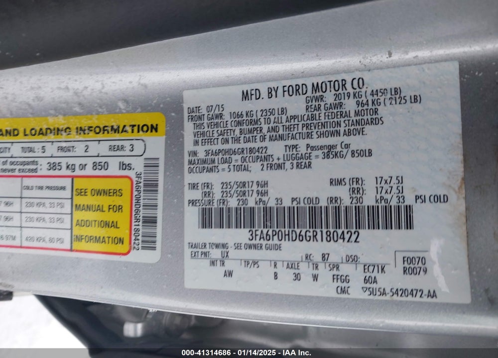 2016 FORD FUSION VIN: 3FA6P0HD6GR180422