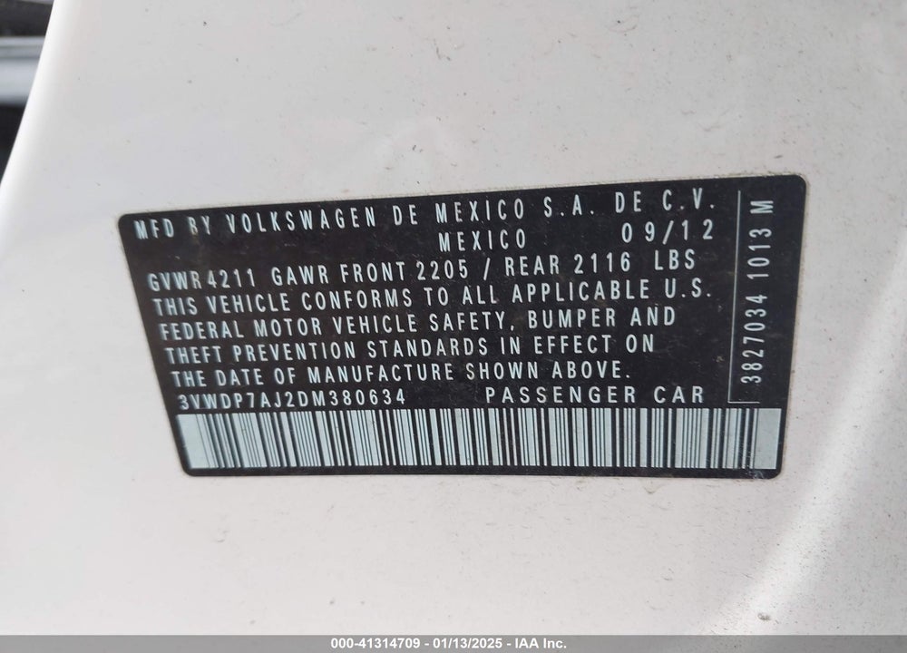 2013 VOLKSWAGEN JETTA SE VIN: 3VWDP7AJ2DM380634