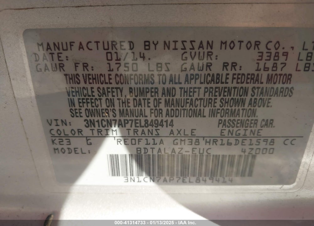 2014 NISSAN VERSA VIN: 3N1CN7AP7EL849414