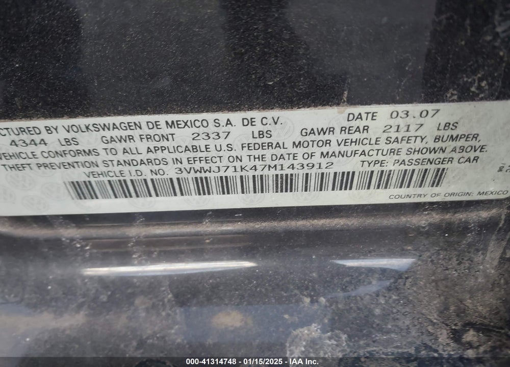 2007 VOLKSWAGEN JETTA GLI VIN: 3VWWJ71K47M143912