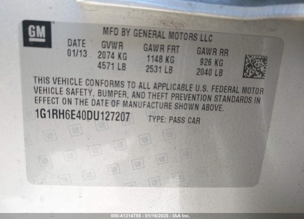 2013 CHEVROLET VOLT VIN: 1G1RH6E40DU127207