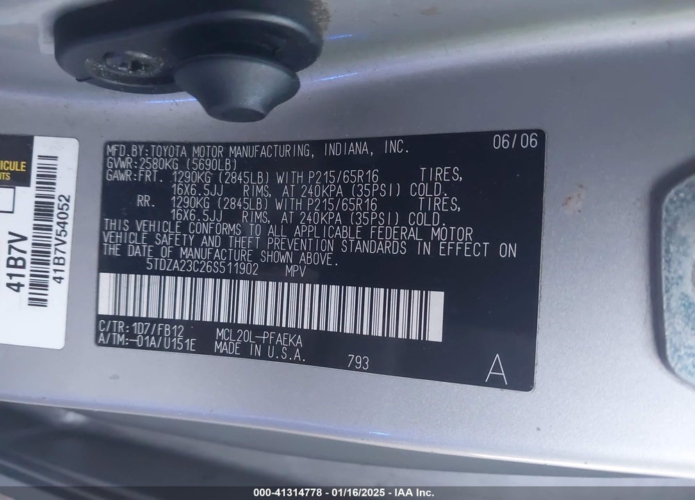 2006 TOYOTA SIENNA CE/LE VIN: 5TDZA23C26S511902
