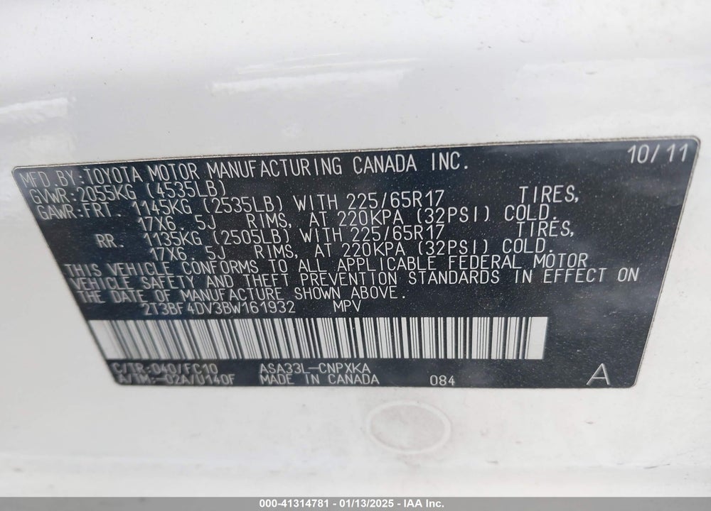 2011 TOYOTA RAV4 VIN: 2T3BF4DV3BW161932