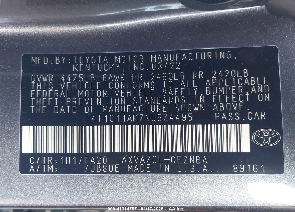2022 TOYOTA CAMRY LE VIN: 4T1C11AK7NU674495
