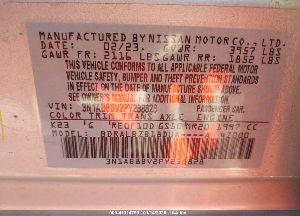 2023 NISSAN SENTRA VIN: 3N1AB8BV2PY238828