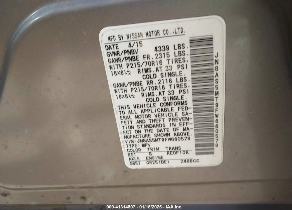 2015 NISSAN ROGUE SELECT S VIN: JN8AS5MT9FW660578