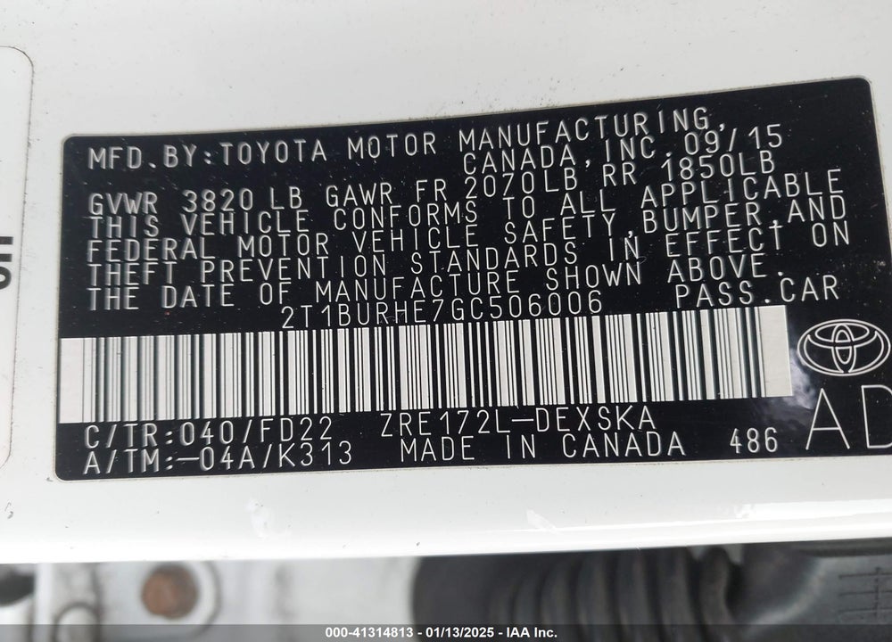 2016 TOYOTA COROLLA S W/SPECIAL EDITION PKG VIN: 2T1BURHE7GC506006
