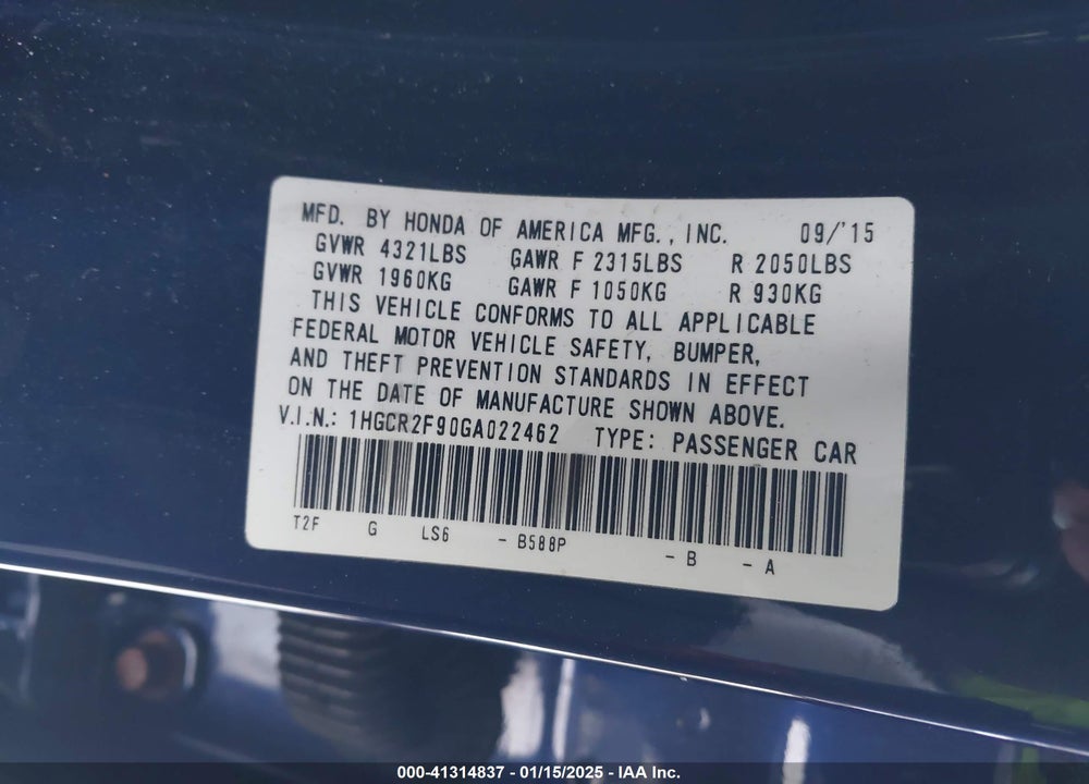 2016 HONDA ACCORD EX-L VIN: 1HGCR2F90GA022462