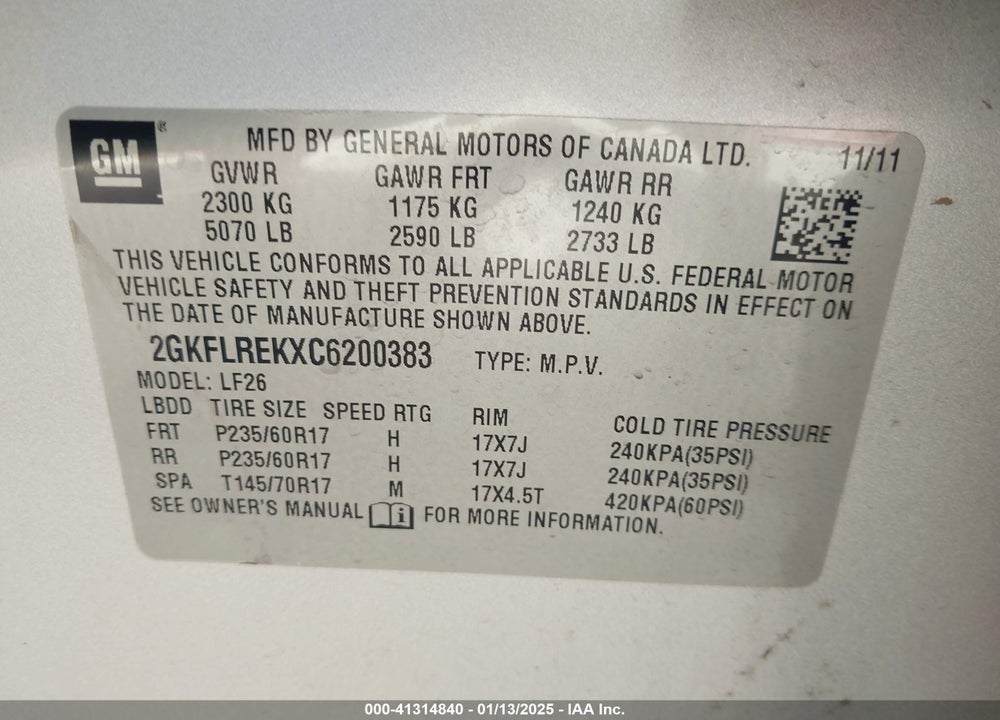 2012 GMC TERRAIN SLE-1 VIN: 2GKFLREKXC6200383