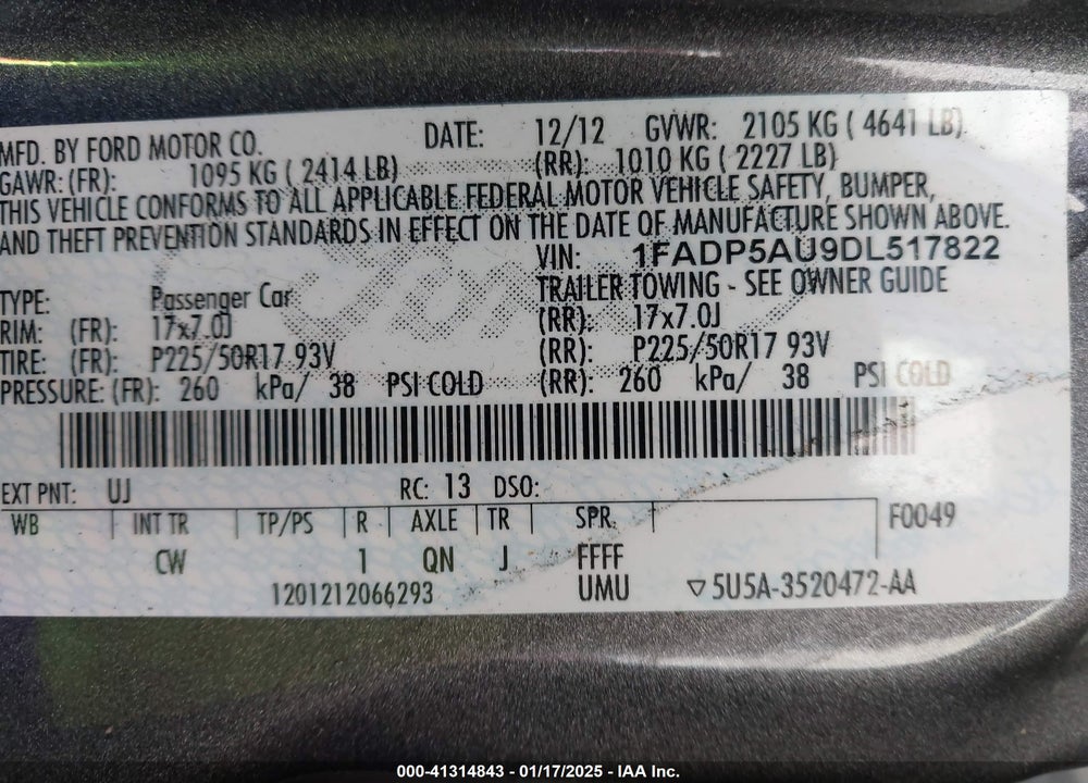 2013 FORD C-MAX HYBRID VIN: 1FADP5AU9DL517822