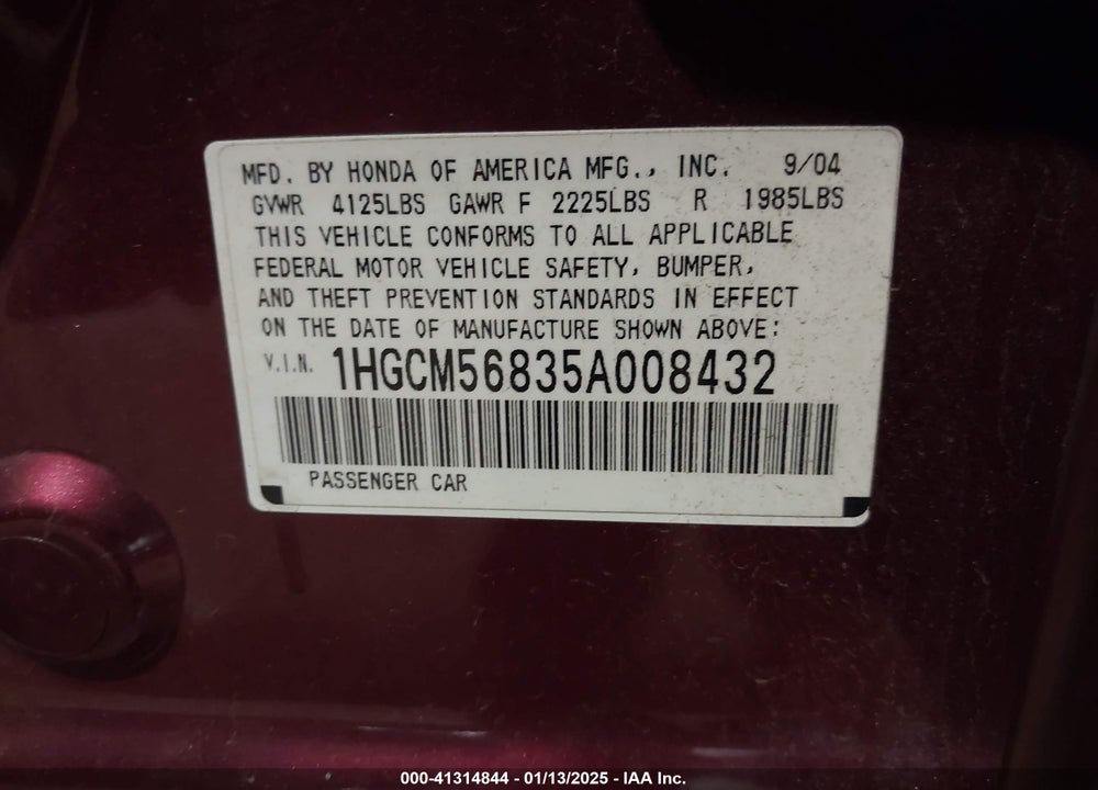 2005 HONDA ACCORD 2.4 EX VIN: 1HGCM56835A008432