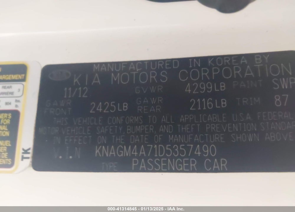 2013 KIA OPTIMA VIN: KNAGM4A71D5357490