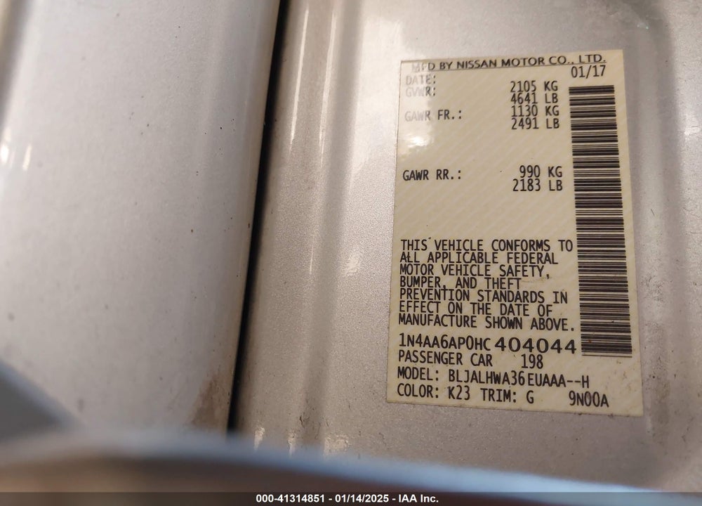 2017 NISSAN MAXIMA VIN: 1N4AA6AP0HC404044