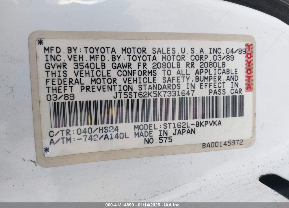 1989 TOYOTA CELICA GT VIN: JT5ST62K5K7331647