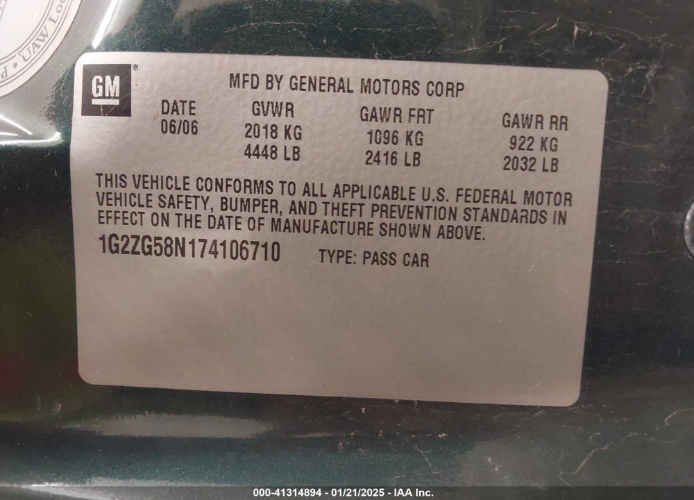 2007 PONTIAC G6 VIN: 1G2ZG58N174106710