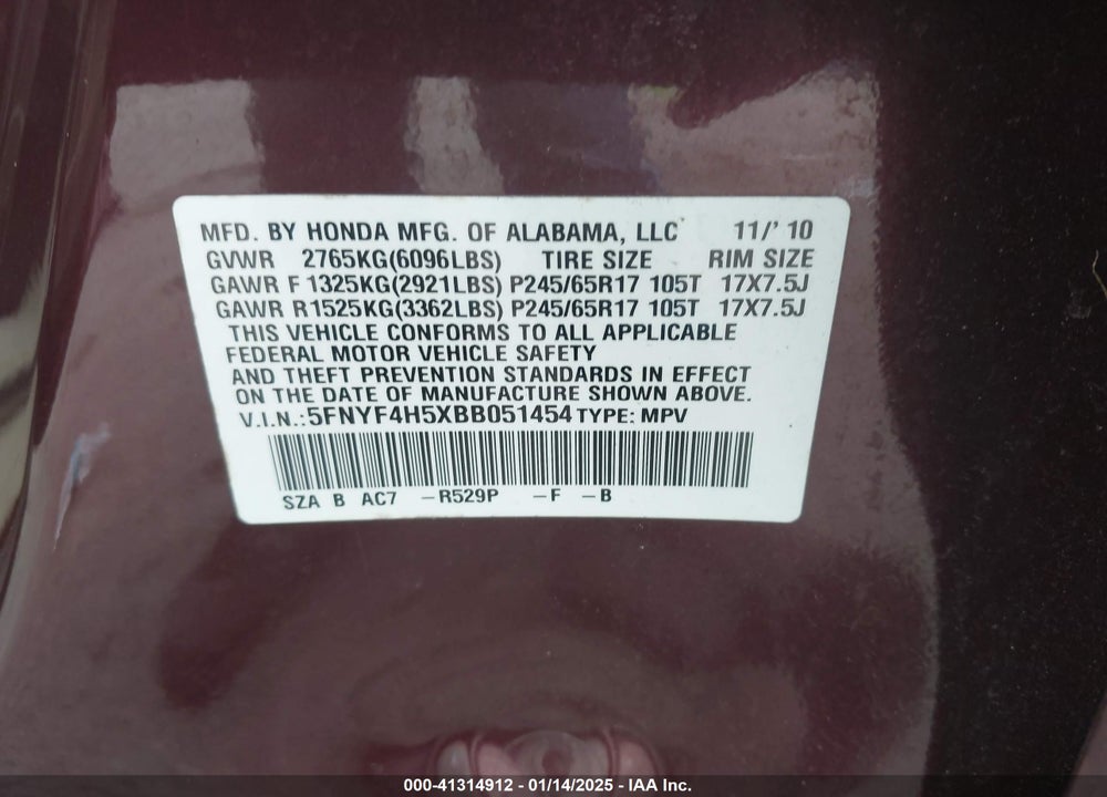 2011 HONDA PILOT EX-L VIN: 5FNYF4H5XBB051454