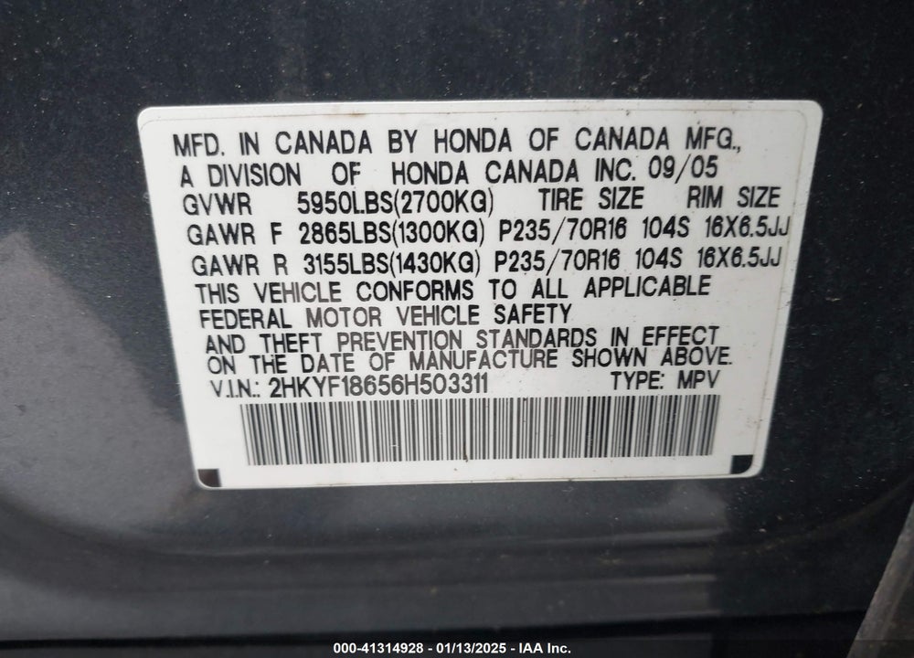 2006 HONDA PILOT EX-L VIN: 2HKYF18656H503311